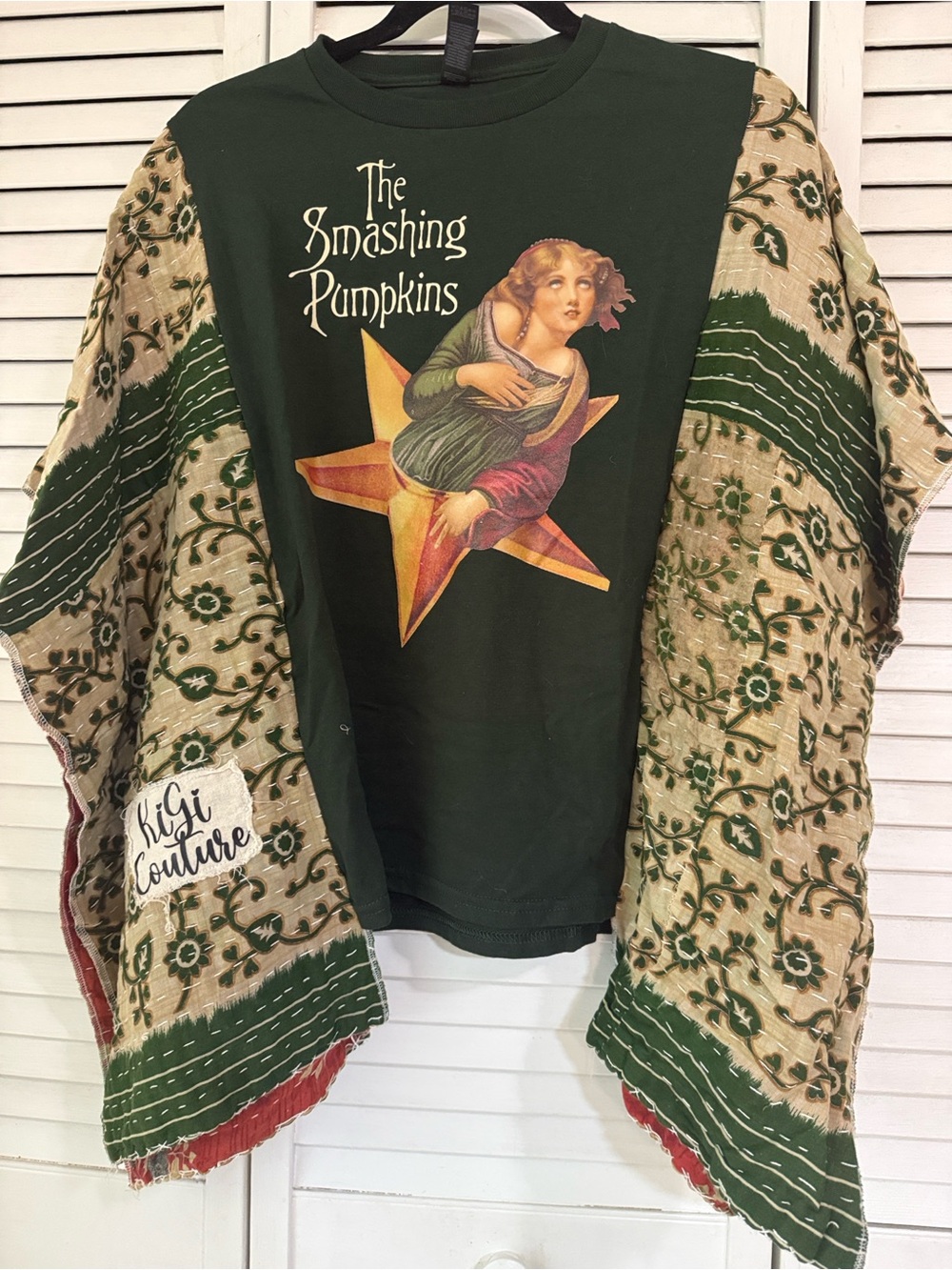 Smashing Pumpkins upcycle band tee with Kantha Sleeves Poncho, BOHO 70’s,Hippie